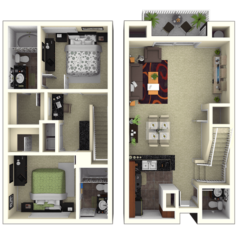 Floor plan for 2 beds, 2.5 baths, 1267 sqft